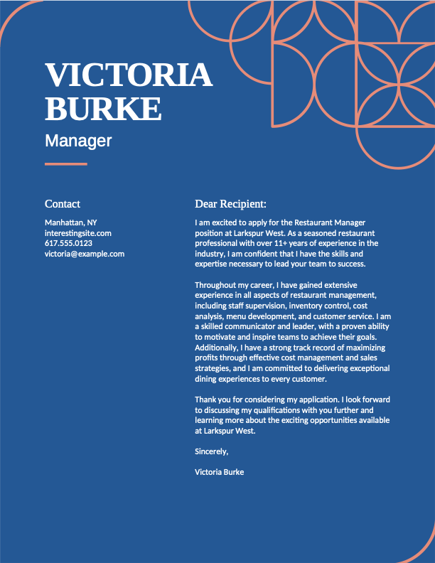 Creative food service cover letter